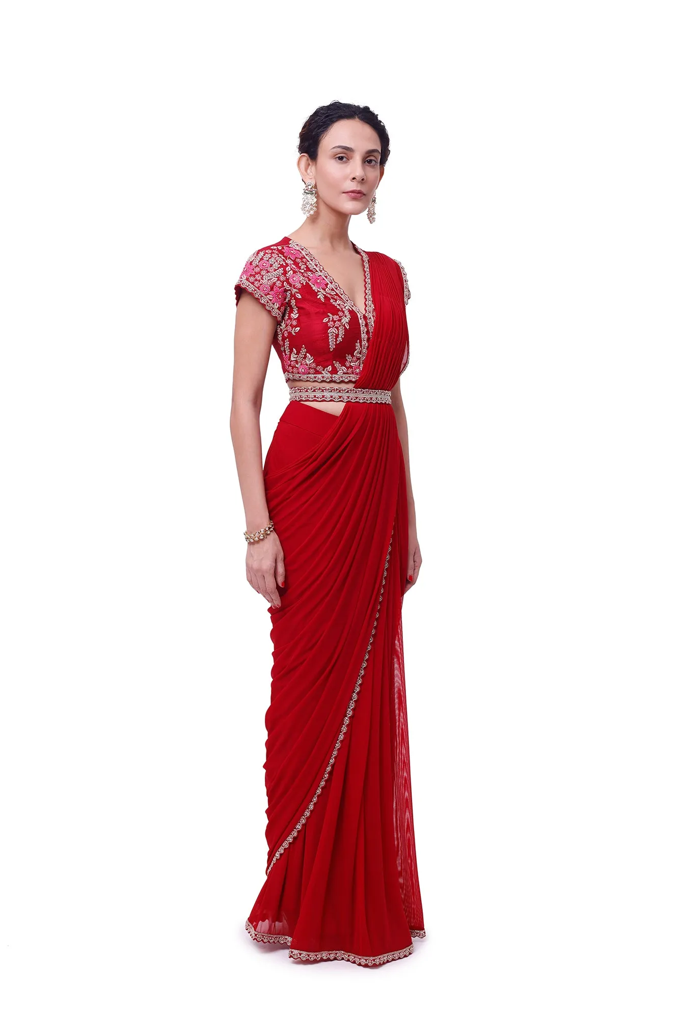 90Y020-RO Ruby Red Zardori Lycra Net Saree with Blouse
