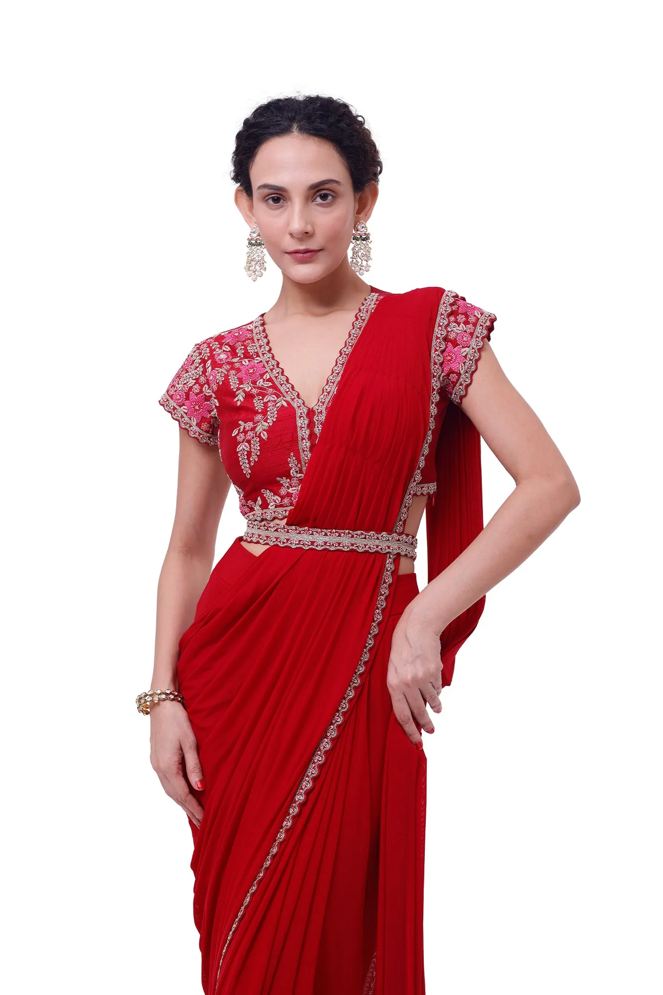90Y020-RO Ruby Red Zardori Lycra Net Saree with Blouse