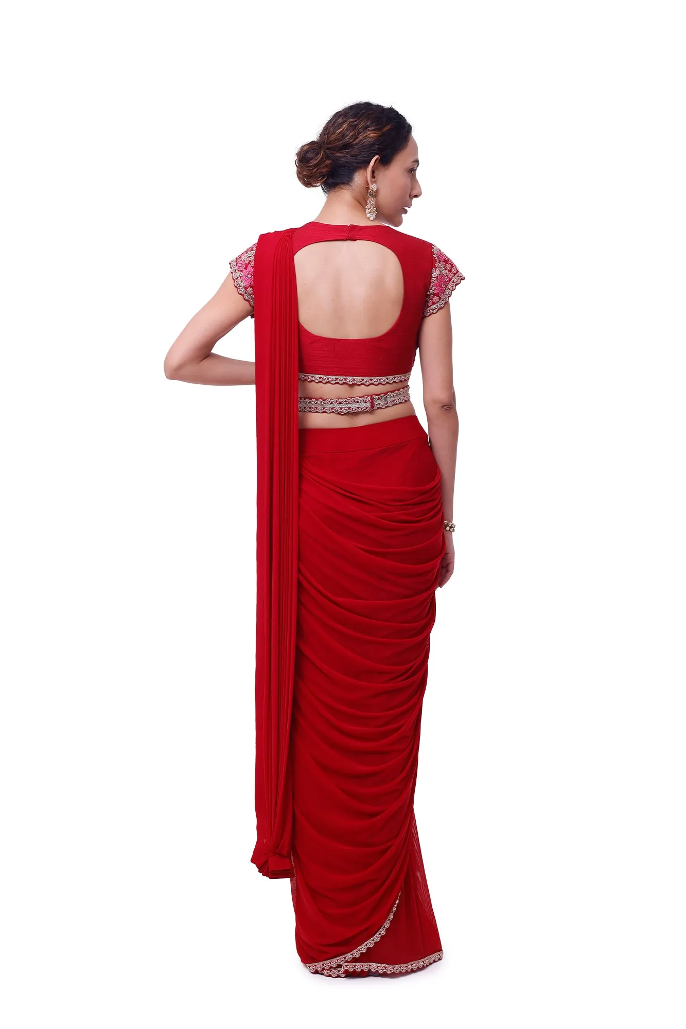 90Y020-RO Ruby Red Zardori Lycra Net Saree with Blouse