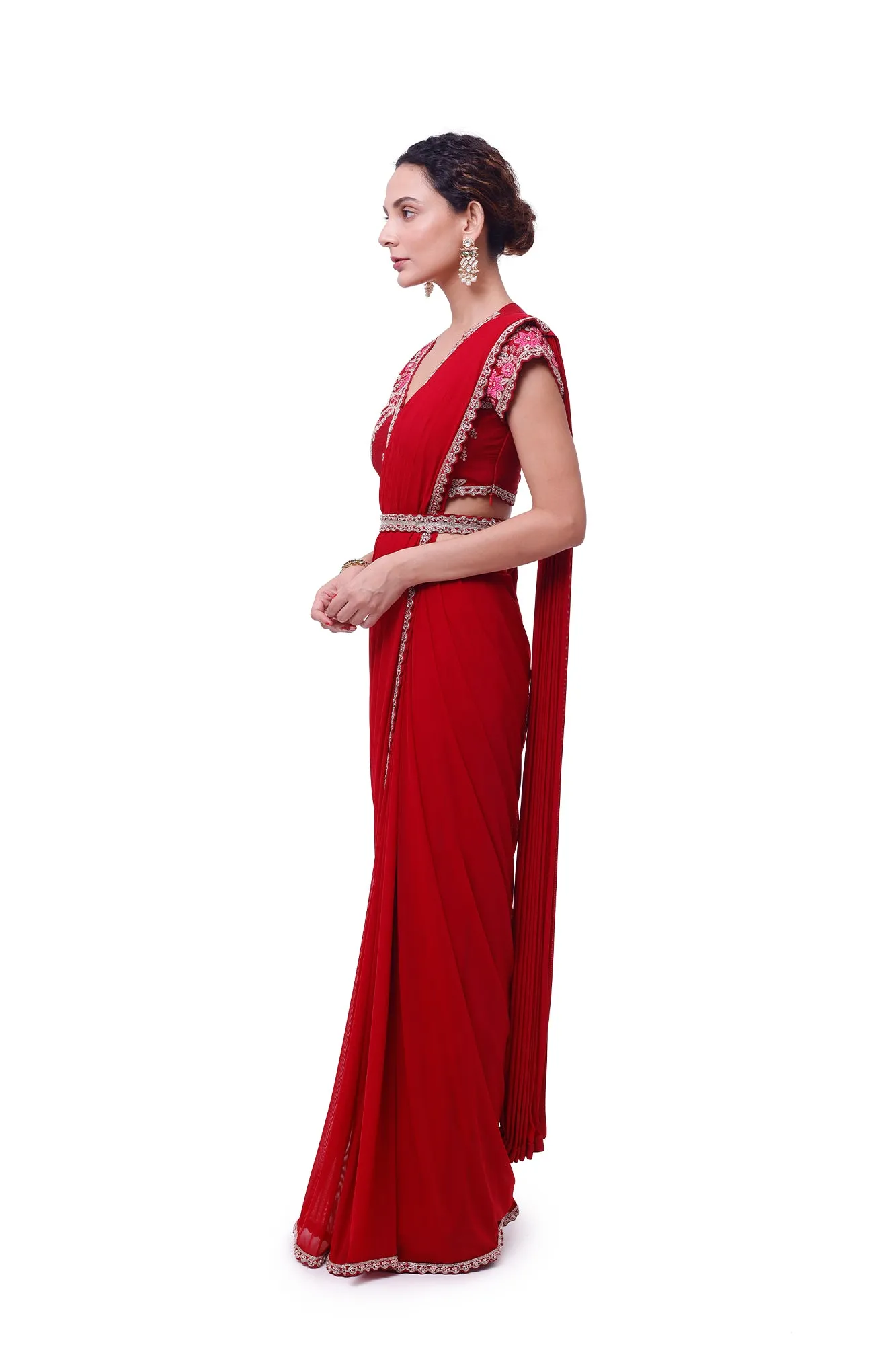 90Y020-RO Ruby Red Zardori Lycra Net Saree with Blouse