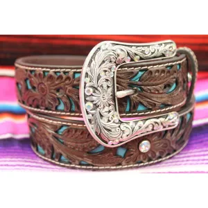 Ariat Women's Floral Embossed Belt with Rhinestone and Turquoise Inlay
