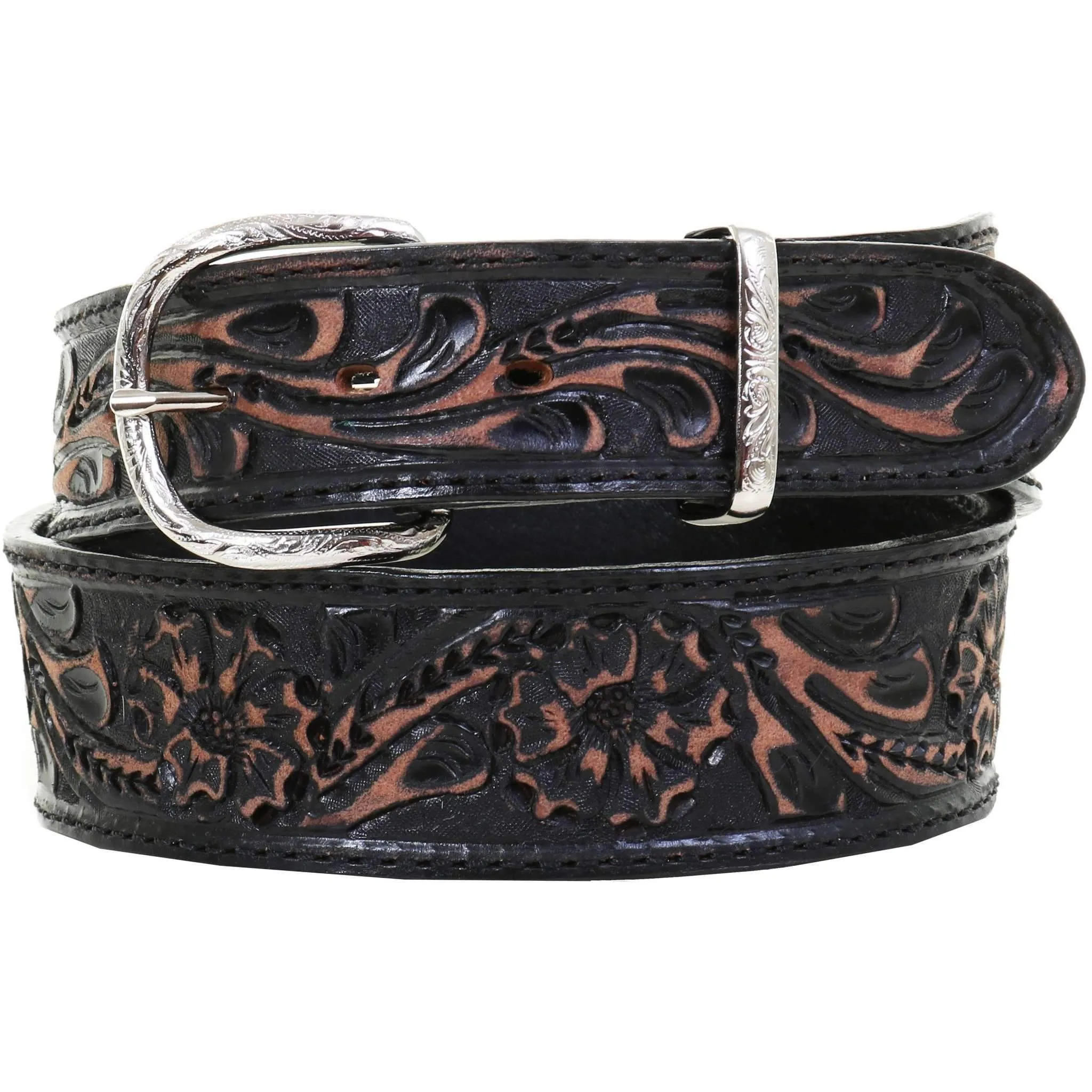 B1002 - Black Walnut Vintage Floral Tooled Belt