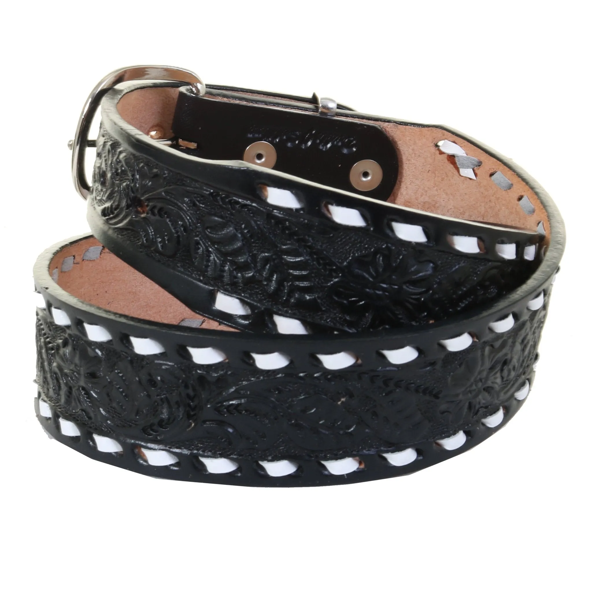 B125C - Black Floral Tooled Belt