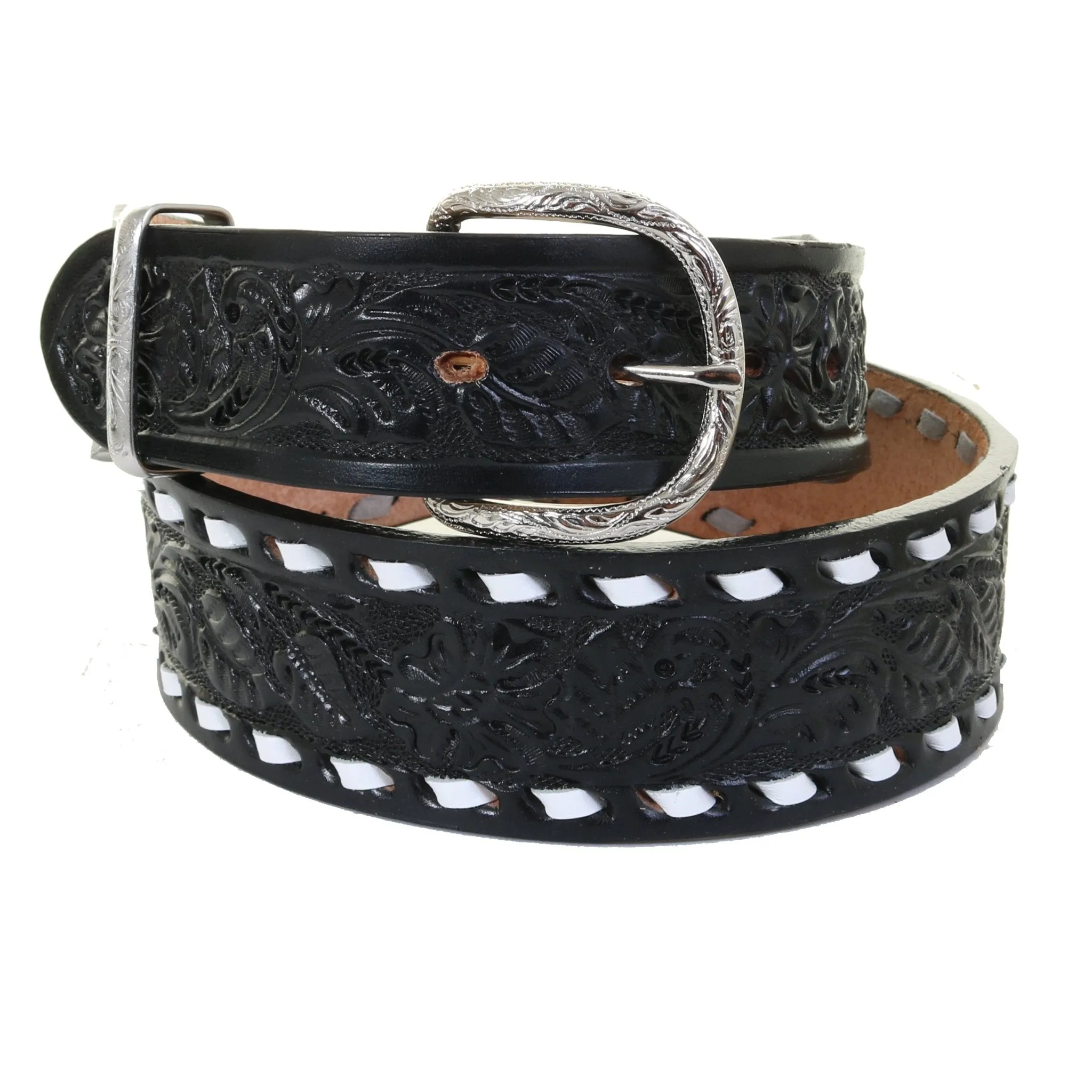 B125C - Black Floral Tooled Belt