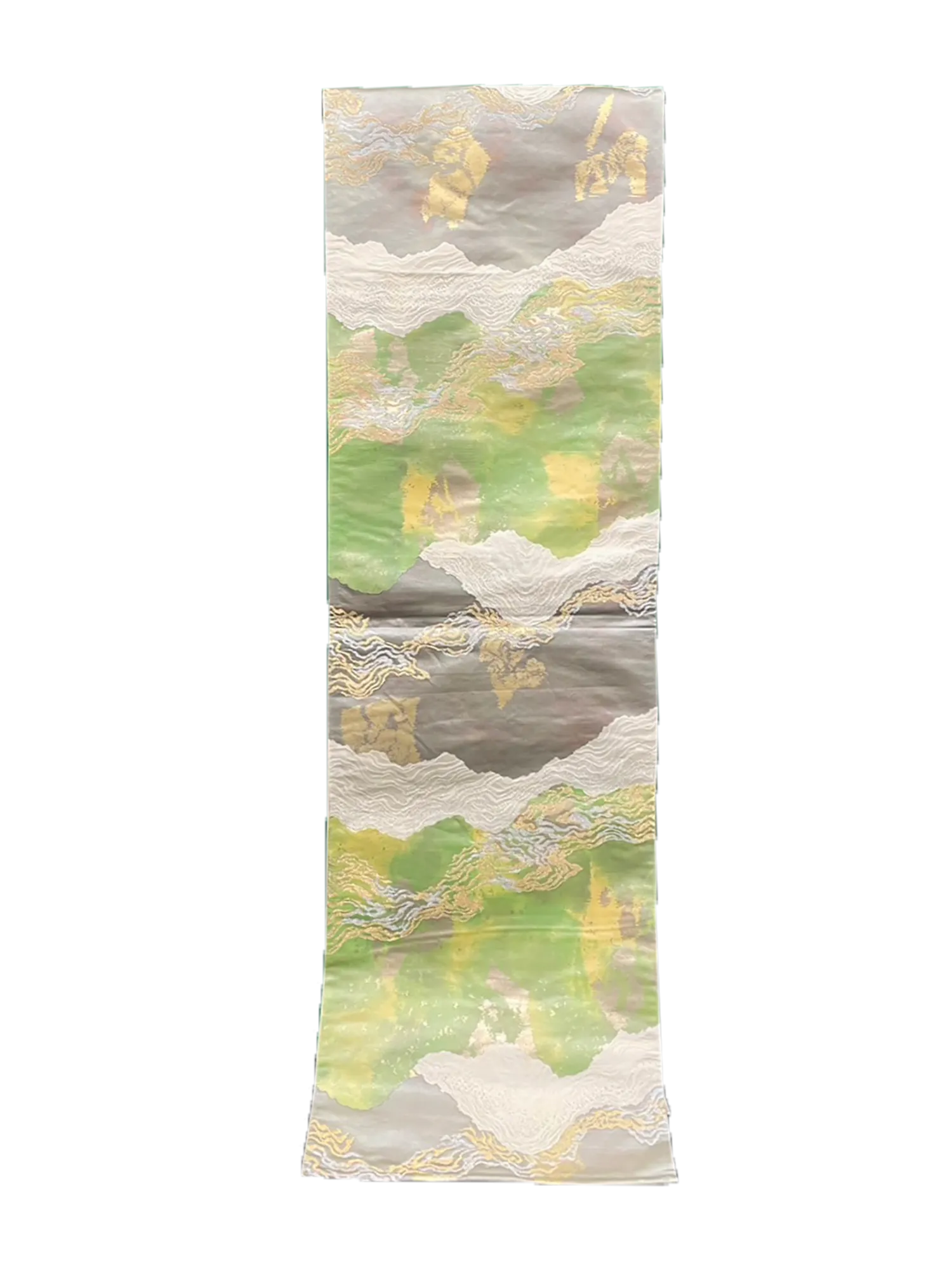 Japanese Kimono Vintage Fukuro Obi - Green, Gold and White Shading pattern