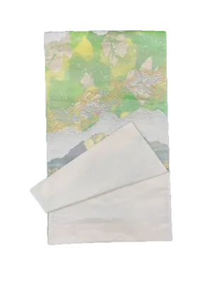 Japanese Kimono Vintage Fukuro Obi - Green, Gold and White Shading pattern