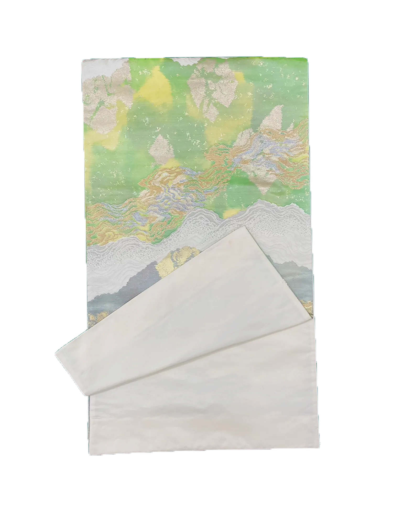Japanese Kimono Vintage Fukuro Obi - Green, Gold and White Shading pattern