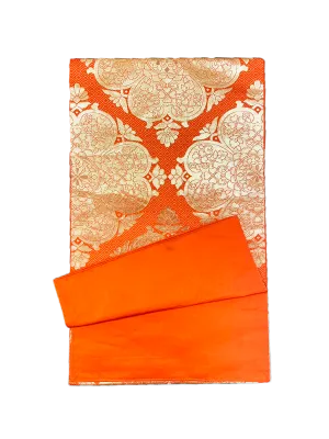 Japanese Kimono Vintage Fukuro Obi - Orange, Big Flower emblem