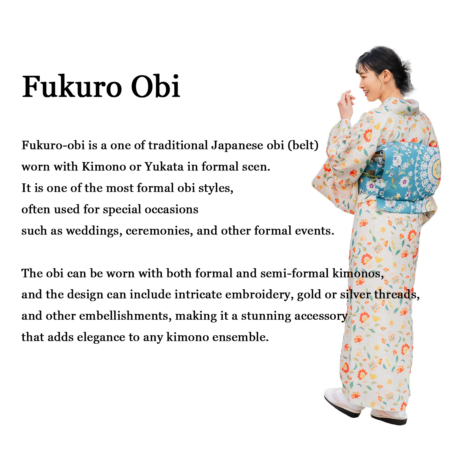 Japanese Kimono Vintage Fukuro Obi - Orange, Big Flower emblem