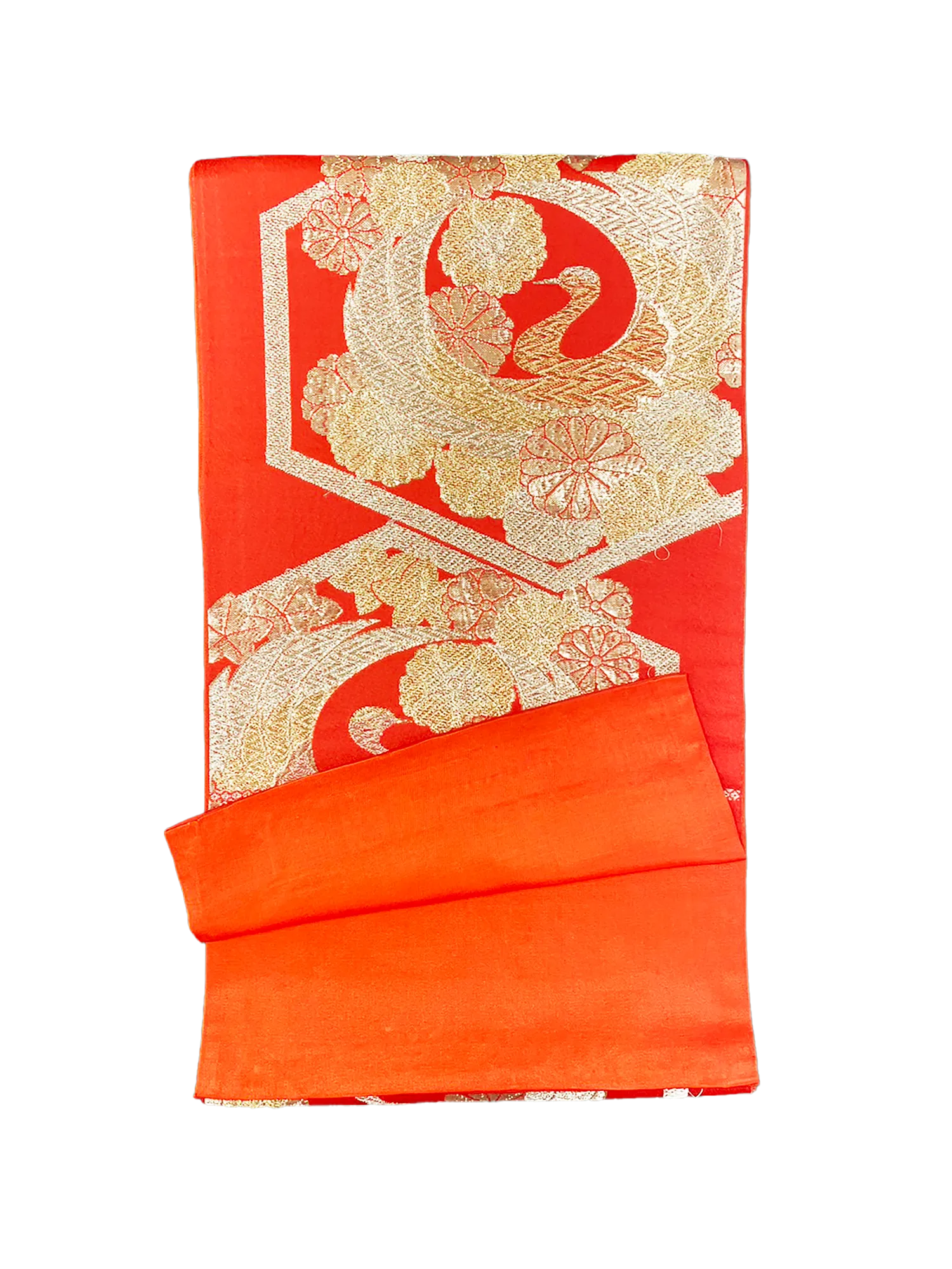 Japanese Kimono Vintage Fukuro Obi - Orange, Hexaon, Lucky Flowers