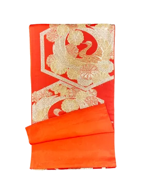 Japanese Kimono Vintage Fukuro Obi - Orange, Hexaon, Lucky Flowers