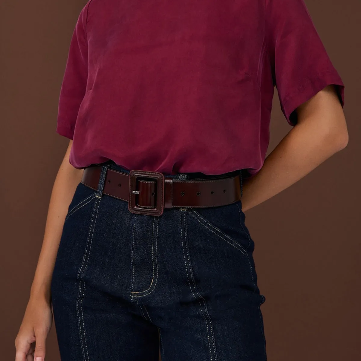 Leather Covered Buckle Belt (Chocolate)
