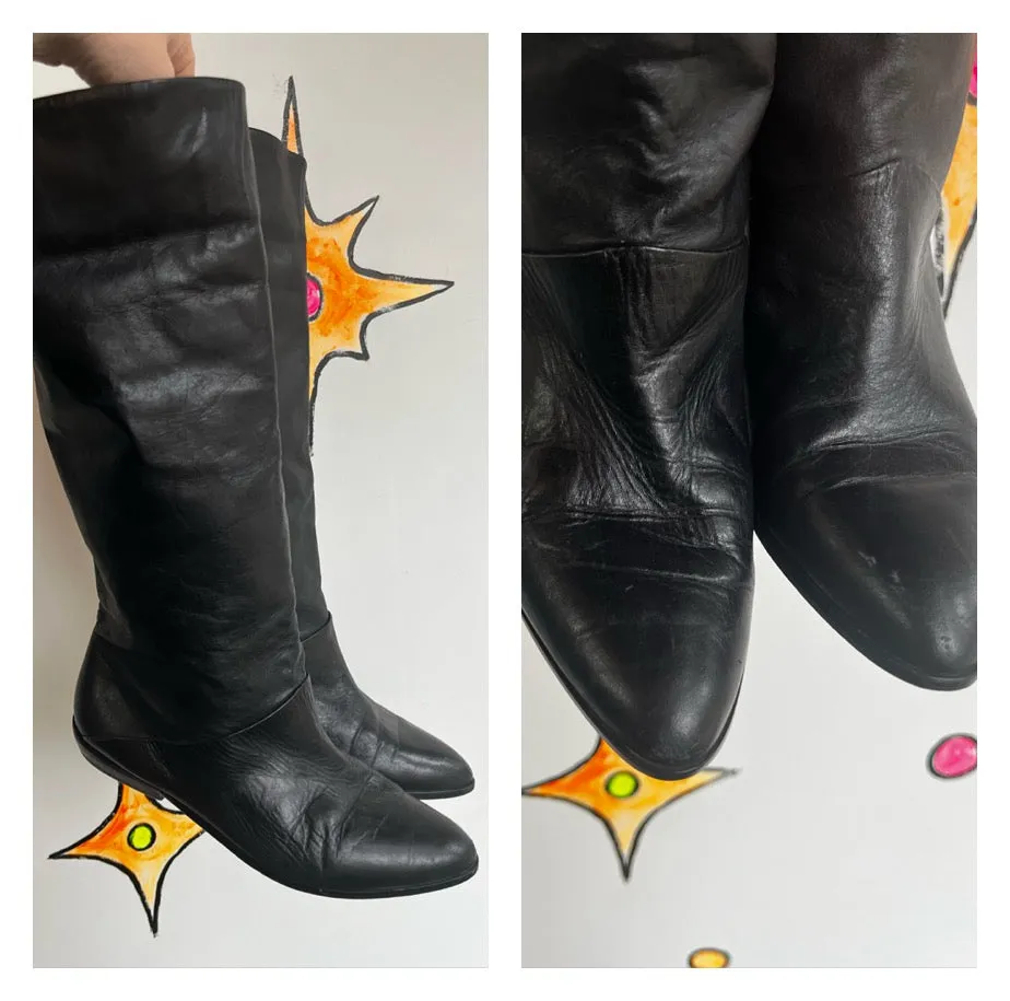 Vintage 80s | Black Leather Slouchy Boots | Size 8 M